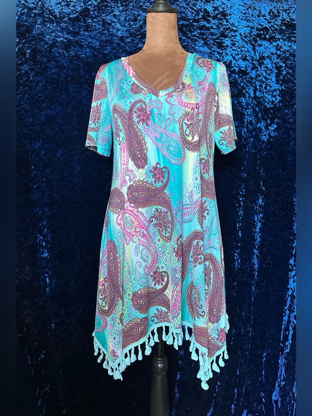 R. Rouge Turquoise Paisley Tassel-Hem Tunic Dress